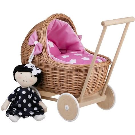 Landau poussette pour poupée en osier et roues en bois avec tissu rose