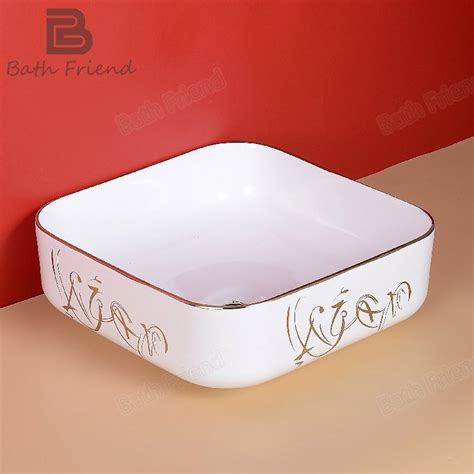 Most Popular White Decals Pattern Square Bathroom Basin Printed Gold