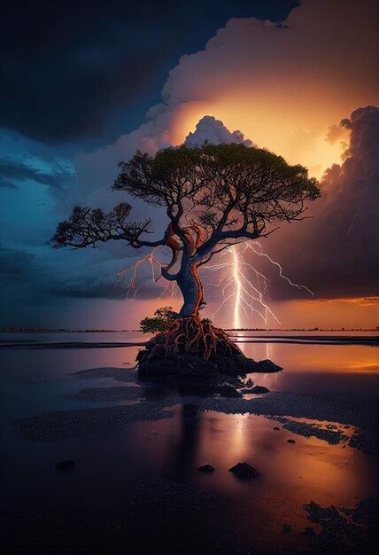 Premium Photo | A tree with lightning in the background and a tree with ...