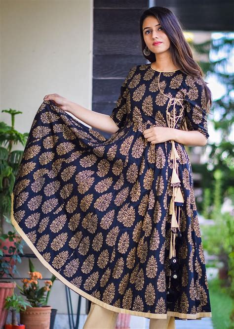 Traditional Golden Print Anarkali Kurta Frock Design Pakistani