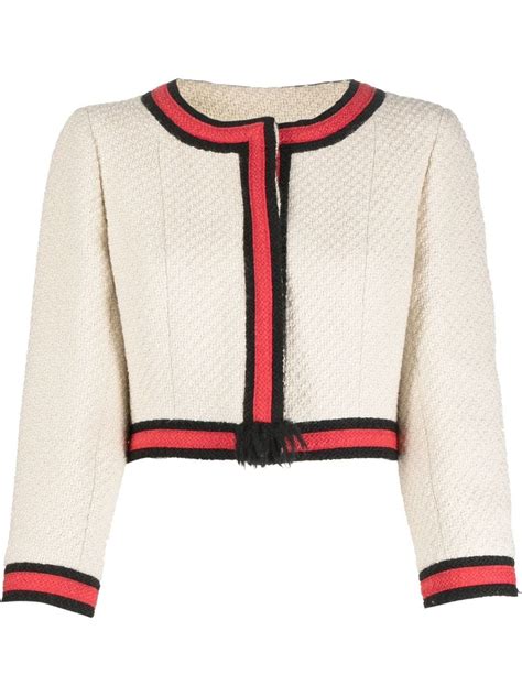 CHANEL Pre Owned Bouclé Cropped Jacket Neutrals FARFETCH UK