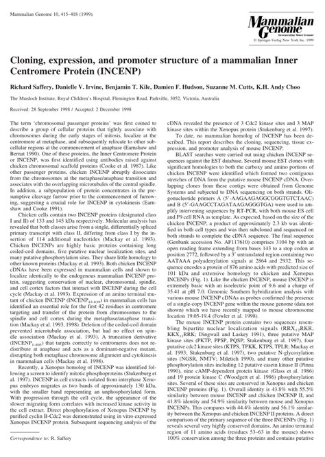 Pdf Cloning Expression And Promoter Structure Of A Mammalian Inner