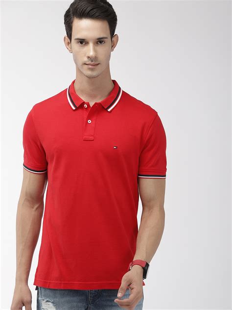 Buy Tommy Hilfiger Men Red Solid Polo Collar Pure Cotton T Shirt