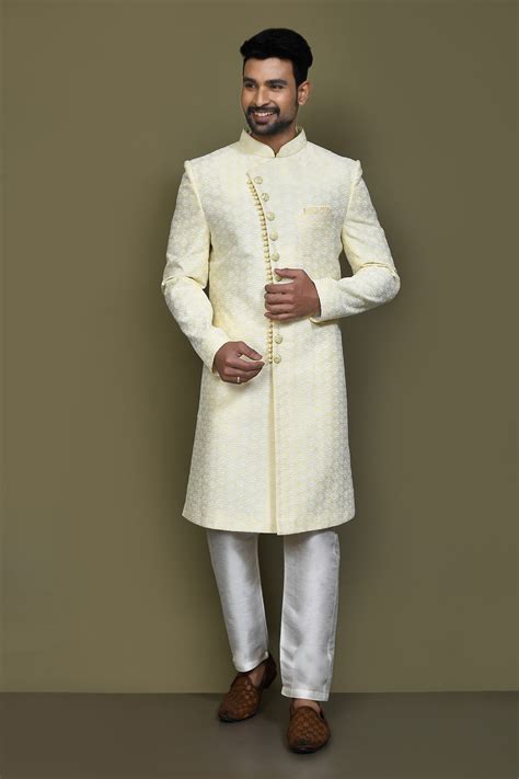 Buy Blue Sherwani Art Silk Embroidery Thread Work And Pant Set For Men