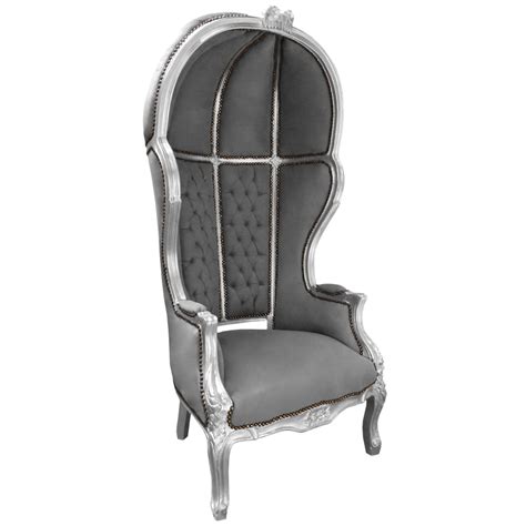 Grand Fauteuil Carrosse De Style Baroque Tissu Velours Gris Et Bois Argent