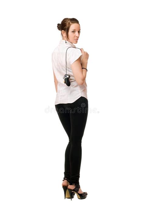 Ragazza Splendida Del Brunette Con Una Barra Di Comando Immagine Stock