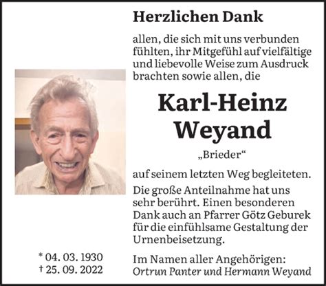 Traueranzeigen Von Karl Heinz Weyand Saarbruecker Zeitung Trauer De