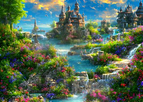 Natural Landscape With Fairy Tale Castles Background Cartoon Nature