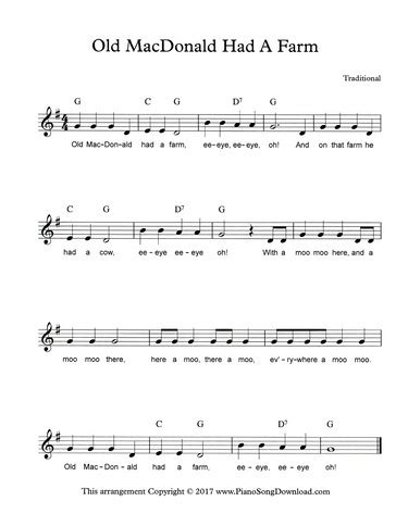 Old MacDonald Had a Farm - free lead sheet with melody, chords and lyrics