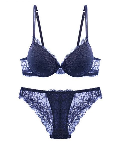 Bras Set Women Embroidery Lace Lingerie Bra And Panties Dark Blue