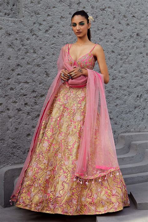 Buy Gold Silk Embroidered 3d Sequins V Neck Floral Lehenga Set For