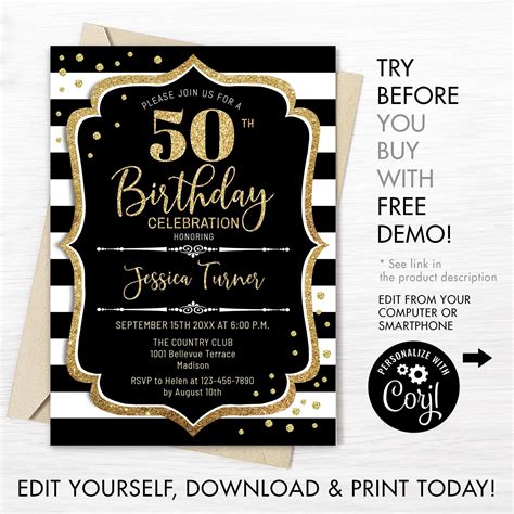 Black And Gold 50th Birthday Invitation Printable Editable 50th Birthday Invite Glitter Diy Gold