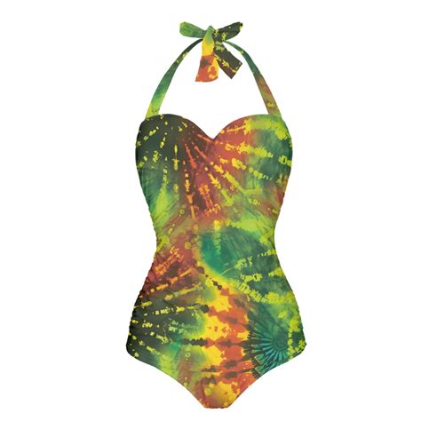 Fkelyi Tie Dye Jamaican Flag Print Women Swimsuits One Piece Bikini Swimwear Halter Bathing