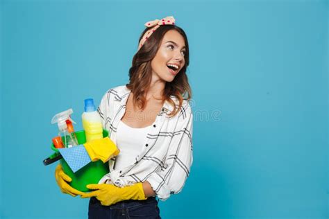 Image Closeup Of Cheerful Woman S Wearing Yellow Rubber Gloves Stock Image Image Of Brunette