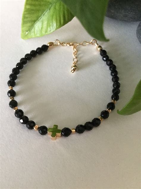 Black Spinel Bracelet With Gold Filled Cross Delicate Black Etsy