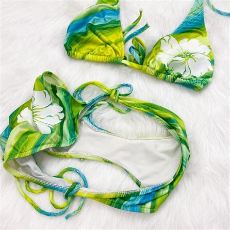 Green Swirl Bikini Set Late S Early S Era Depop