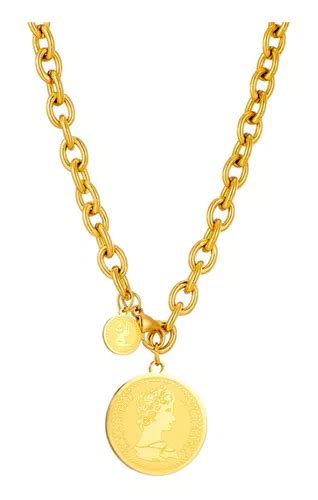 Collar Dije Moneda Reina Isabel Acero Inox Chapa Oro K Meses Sin