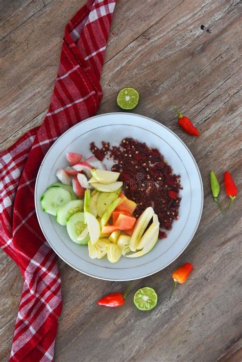 Traditional Fruit Salad Names Rujak Buah Placed On Brown Wooden Table