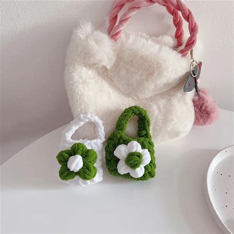 D Cute Fluffy Fur Soft Plush Knitting Flower Earphone Storage Bag For