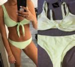 OFF ZAFUL Plunge Front Knot Bikini Set In MEDIUM SEA GREEN ZAFUL