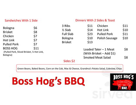 Boss Hogs Bbq Menu In Wellington Kansas Usa