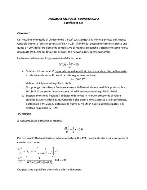 Esercitazione 4Soluzioni ECONOMIA POLITICA II ESERCITAZIONE 4