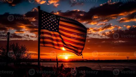Patriotic sunrise American flag in silhouette landscape generated by AI