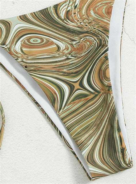 Womens Retro Swirl Print Triangle Halter Bikini Set With Adjustable