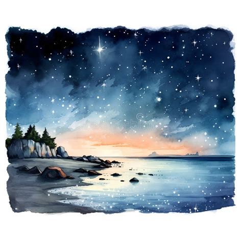 Watercolor Night Seascape Hand Drawn Illustration Isolated On White