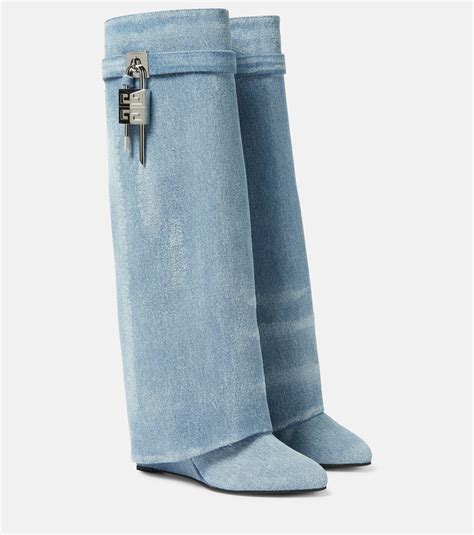 Shark Lock Denim Knee High Boots In Blue Givenchy Mytheresa