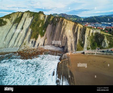 Aerial Drone View Of Famous Flysch Of Zumaia Basque Country Spain