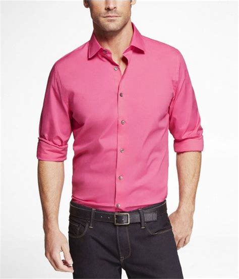 Express Mens 1mx Fitted Spread Collar Shirt Neon Pink Button Down Shirt