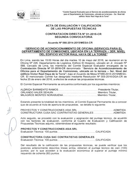 Acta De Evaluaci N Y Calificaci N De Las Propuestas T Cnicas