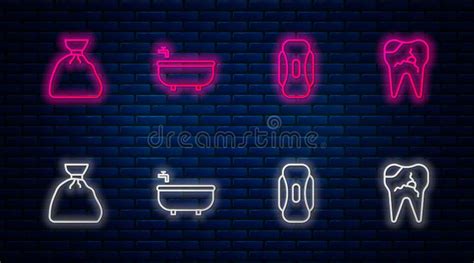 Set Line Bathtub Sanitary Napkin Garbage Bag And Broken Tooth Glowing Neon Icon On Brick Wall