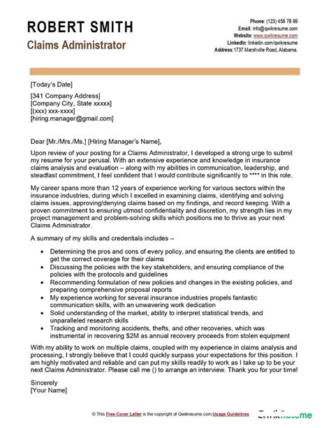 Claims Administrator Cover Letter Examples Qwikresume