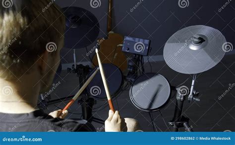 Unrecognizable Musician Hands Hitting Drum Plates In Recording Studio