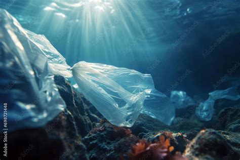 Plastic pollution in sea. Microplastics contaminate seafood Stock Photo ...