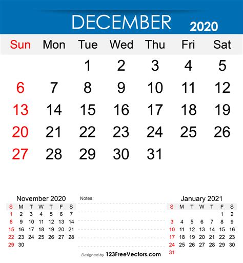 Free Free Printable December 2020 Calendar