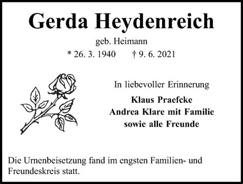 Traueranzeigen Von Gerda Heydenreich Trauer Anzeigen De