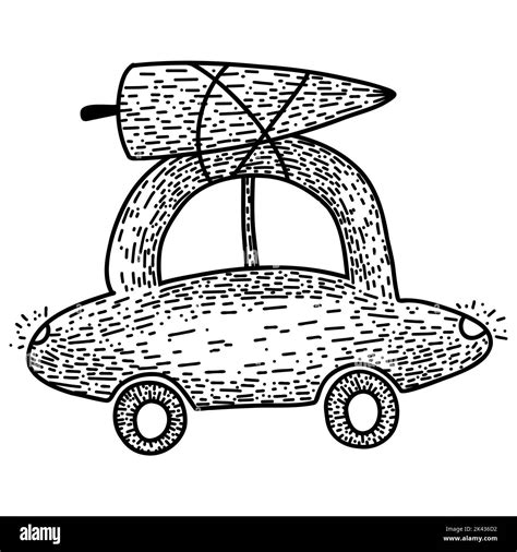 Car With A Christmas Tree On The Roof In Cartoon Doodle Style Hand