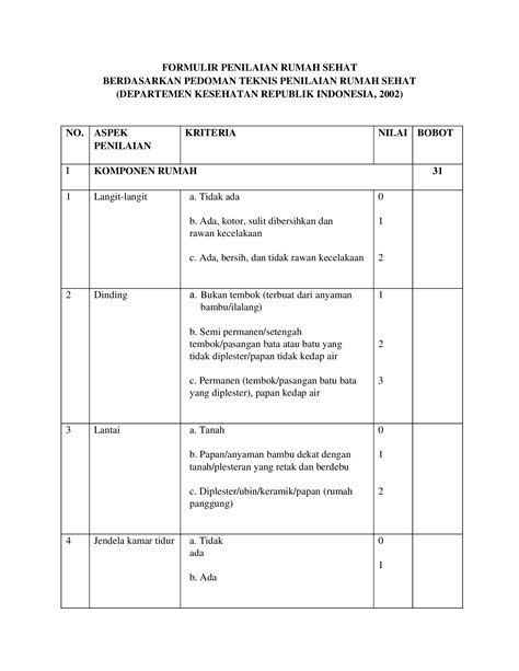 Docx Formulir Penilaian Rumah Sehat Dokumen Tips