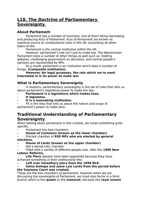 L The Doctrine Of Parliamentary Sovereignty L The Doctrine Of