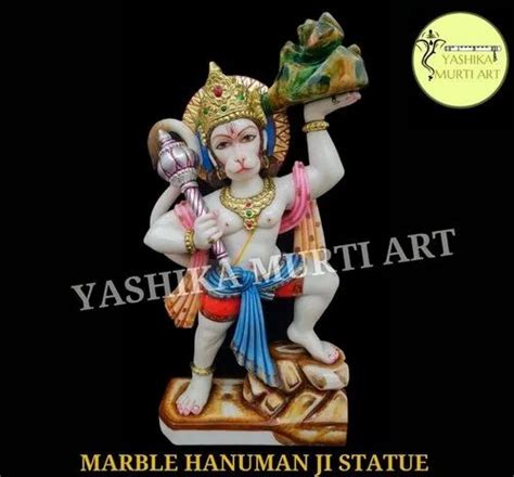 Multicolor Makrana Marble Veer Hanuman Ji Statue For Temple Size 12