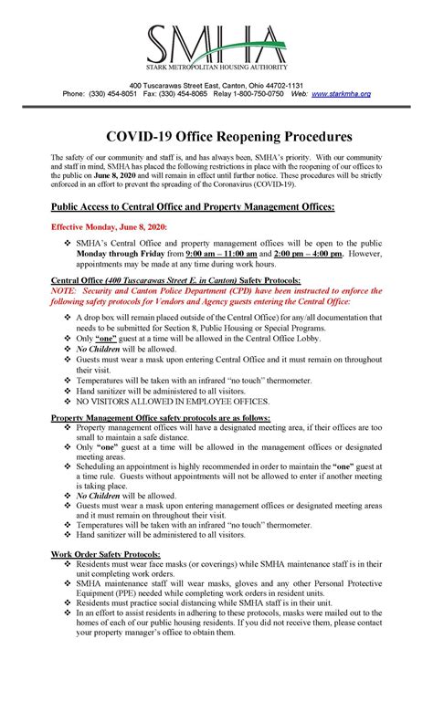 SMHA Offices Reopening with New Safety Protocols - Stark Metropolitan