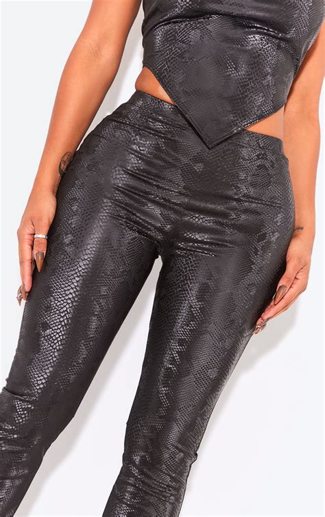 Shape Black Matte Pu Snake Flare Trousers Shape Prettylittlething