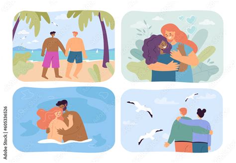 Vetor De Romantic Couples Spending Time Together Vector Illustrations Set Interracial Couples