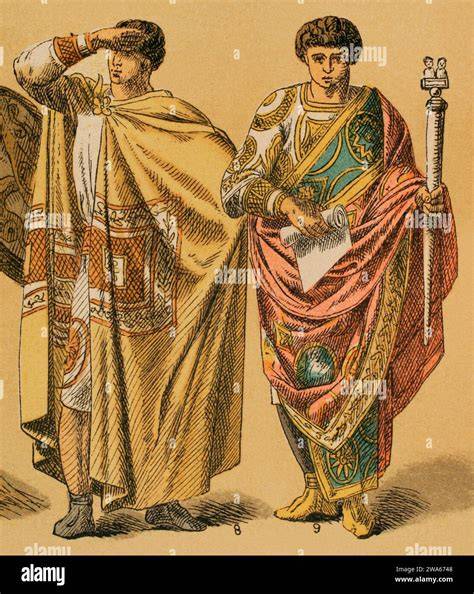 Roman Age. From left to right: 8- high-ranking Byzantine costume, 9