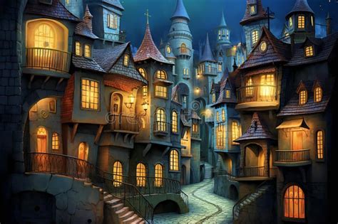 Fairytale Castle at Night, Digital Painting, Illustration Stock Illustration - Illustration of ...