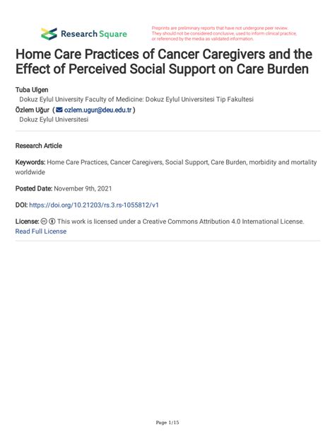 Pdf Home Care Practices Of Cancer Caregivers And The Effect Of Perceived Social Support On