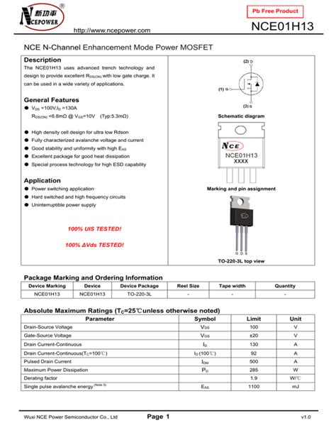 Nce N Channel Enhancement Mode Power Mosfet